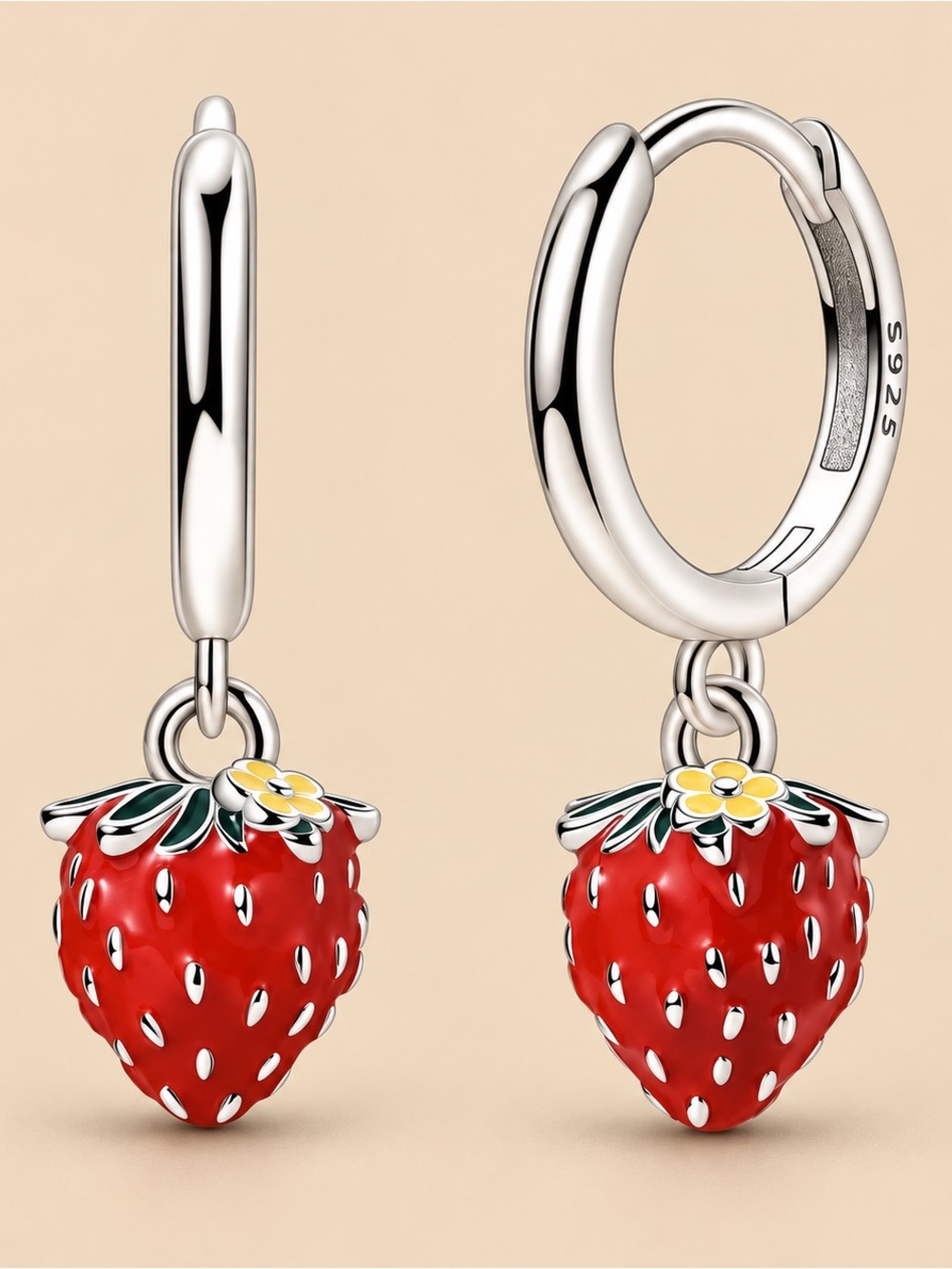 Sterling Silver Strawberry Charm Hoop Earrings - Red